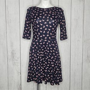 Unique Vintage Heart Print Blue/Pink Fit & Flare Midi Dress, size Large